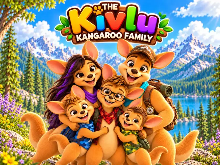 The five members of The Kivlu Kangaroo Family smiling together beside a mountain lake