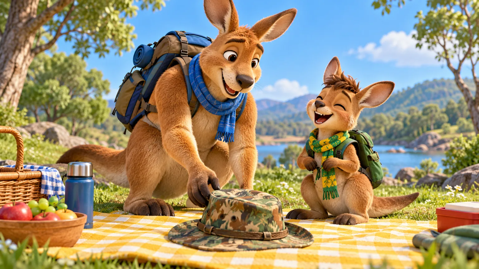 Dad reaches toward his patterned trail hat after it lands on a sunny picnic blanket while the Youngest Son laughs kindly