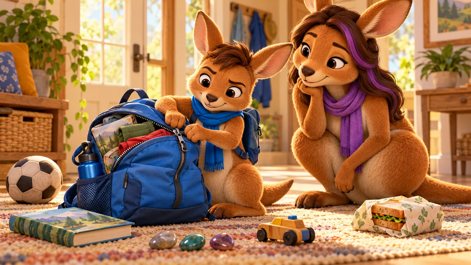 The Middle Son tries to close an overstuffed blue backpack while Mom offers calm support nearby