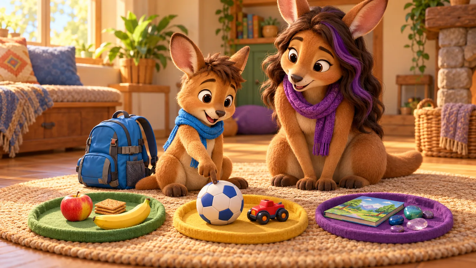 The Middle Son chooses among simple outing objects arranged in three sorting spots while Mom listens nearby