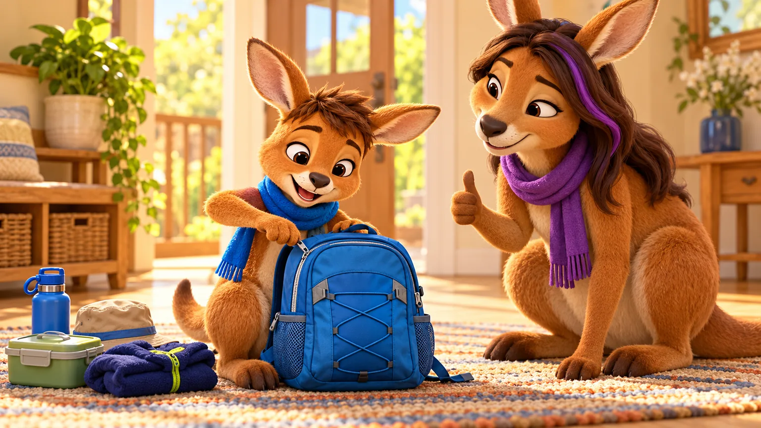The Middle Son proudly closes his blue backpack while Mom celebrates his plan